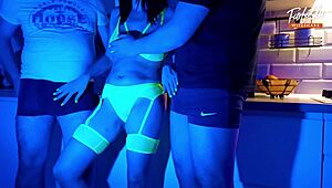 Wife Sucks 2 Cocks in Neon Light Threesome Full Scene!