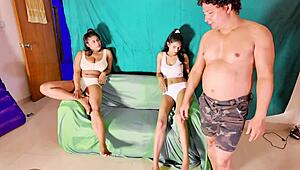 Watch this hard threesome with brunette and chubby girl?