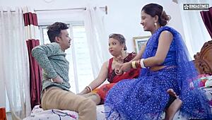 Desi Indian husband shows tricks to please two wives in full threesome movie