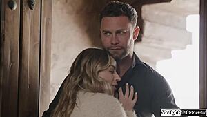 Petite blonde gets a hard handjob while he’s already deep inside her shaved body.