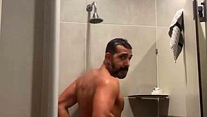 Gym shower time with red thong leads to steamy bathing fun! 🚿