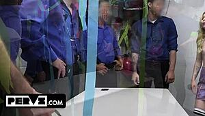 In this scene, feisty blondes face public interrogation and punishment from pervs