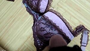 Cumshot lands on my step sister's pink leopard print bra and black lingerie