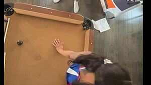 Yo, watch this cheerleader bang hard at the pool hall with a monster!