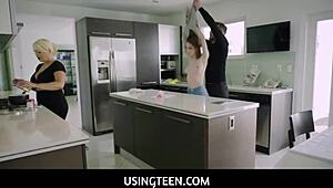 Big titted teen stepdaughter freeuse in kitchen with London Rose.
