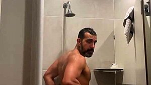 Gym shower time with red thong leads to steamy bathing fun! 🚿