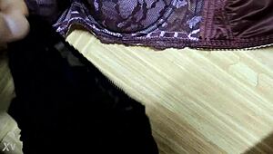 Cumshot lands on my step sister's pink leopard print bra and black lingerie