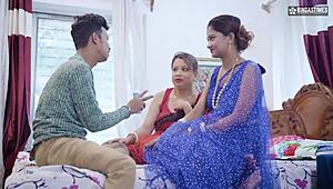 Desi Indian husband shows tricks to please two wives in full threesome movie