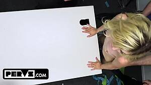 In this scene, feisty blondes face public interrogation and punishment from pervs