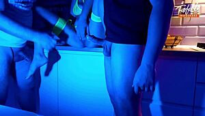 Wife Sucks 2 Cocks in Neon Light Threesome Full Scene!