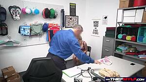 busty blonde milf turns horny thief, sucking security guard’s cock in shop.