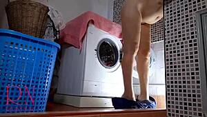 Housewife slave fucked in the laundry machine by her master.