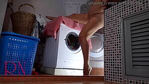 Housewife slave fucked in the laundry machine by her master.