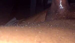 Jerking off big black cock in car under moonlight