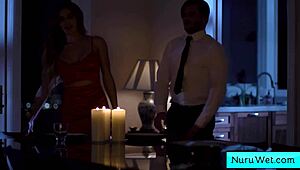 Beautiful busty blonde ella reese sucks nathan bronson's dick in bathtub then gives wet nuru massage