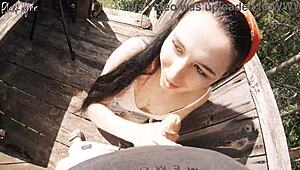 We took a risky outdoor facefuck with deepthroat and cum in throat at the hunting tower.