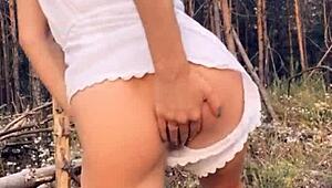 Pretty Long-Haired Hottie Enjoys Outdoor Adventure In The Woods