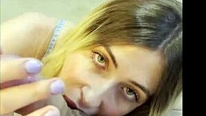 Petite blonde gives intense blowjob to stepfather in POV.