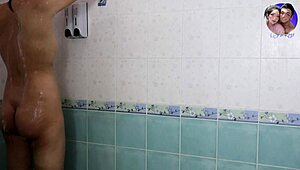 Bathing babe cleans up while waiting for husband