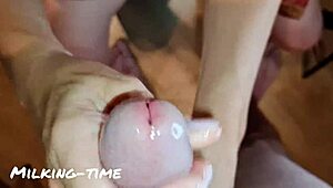 Pretty pink nails milking him four times!