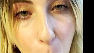 Petite blonde gives intense blowjob to stepfather in POV.