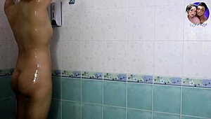 Bathing babe cleans up while waiting for husband