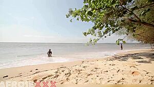 Caribean naked girl at the beach getting her ass touched by a stranger after shower