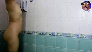 Bathing babe cleans up while waiting for husband