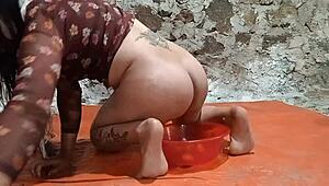 Ts Pee Play in Ass with Fruit on Toilet