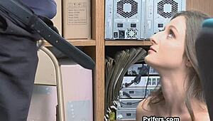 Beautiful Tattooed Brunette Caught and Cocked Hard in the Office Scene.