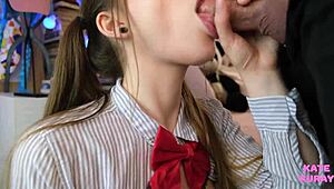 The young girl sucks cock in closeup view. She takes the cum in her mouth, getting covered.