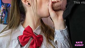 The young girl sucks cock in closeup view. She takes the cum in her mouth, getting covered.