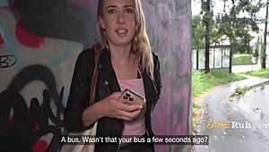 sweet blonde from slovakia flashing pussy on street for cash in public casting