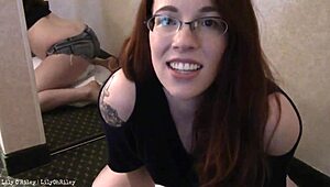 Wow, chubby babe humps pillow hard on floor in tight denim shorts!