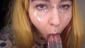 Slut Gives Sloppy Blowjob To Clear Dildo Toy