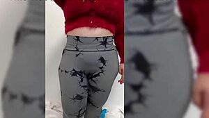 Milf stepmom cleans while shaking her huge ass in yoga pants