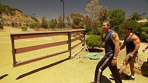 Eva Angelina deepthroats thick dick and fucks hard outdoors in fishnets