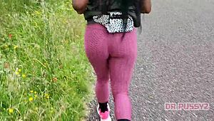 Ebony Pornstar With Big Ass In Leggings Runs Alone In The Forest, Feeling Free