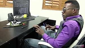 Shy blonde with perfect tits seduced by black boss at job interview