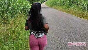 Ebony Pornstar With Big Ass In Leggings Runs Alone In The Forest, Feeling Free