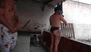 Brunette maid teases in tight short jeans, sparking rough amateur gay foreplay at home.