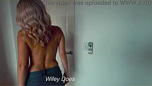 Blonde milf wife slowly strips out of tight denim shorts for homemade tease. Her big tits steal the show!