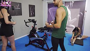 watching the trainer fuck our friend with big tits at the gym threesome