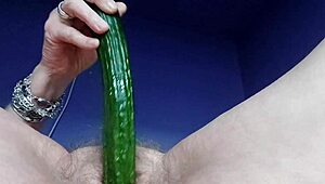 curious german granny plays with her hairy slit using a fresh cucumber