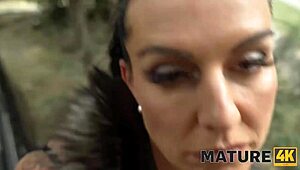 Mature Brunette in Heels Seduces Young 18+ Guy for Public Woods Action