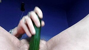 curious german granny plays with her hairy slit using a fresh cucumber