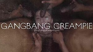 GangbangCreampie babe gets pussy creampied in wild gangbang