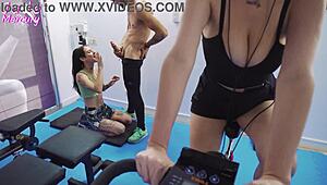 watching the trainer fuck our friend with big tits at the gym threesome