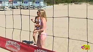 after beach volleyball, lesbians bang with toys inside