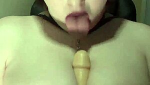 Titfuck and dildo suck with amateurs licking and spitting